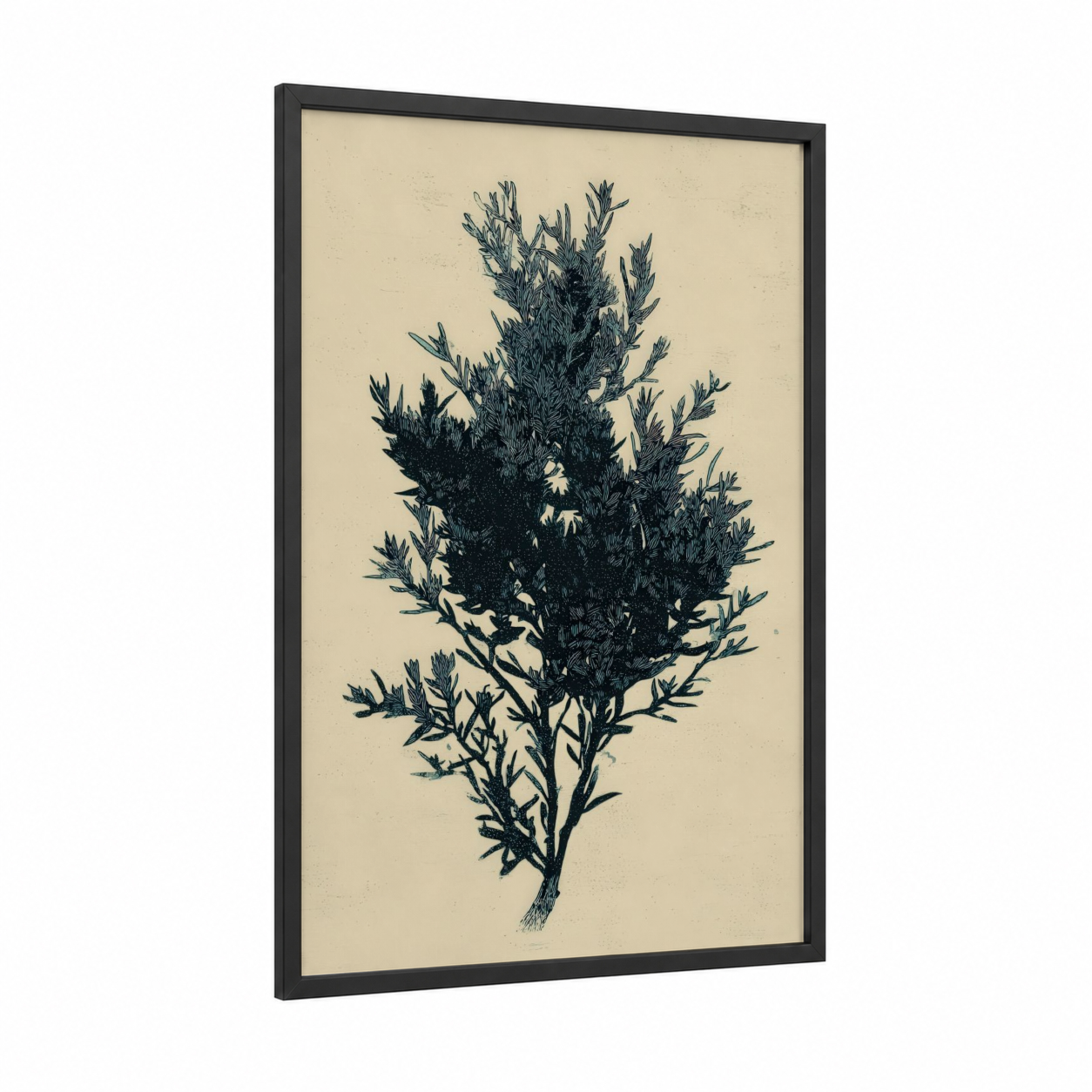 Botanical Herbs framed art print — black wood frame — cream and black and white palette