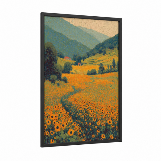 Golden Sunflower Valley framed sunflower field print — black wood frame — gold and teal palette