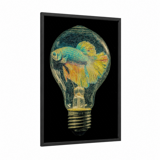 Luminous Betta Fish framed art print — black wood frame — gold and teal palette
