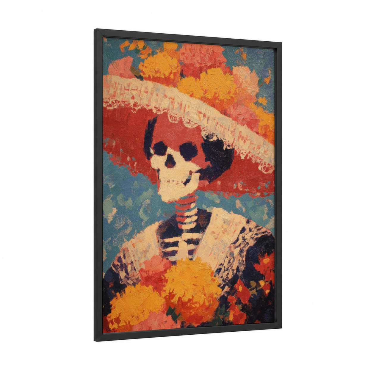 Festive Skeleton Portrait framed dia de los muertos print — black wood frame — red and yellow gold palette