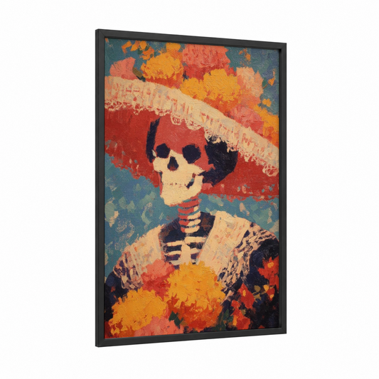 Festive Skeleton Portrait framed dia de los muertos print — black wood frame — red and yellow gold palette