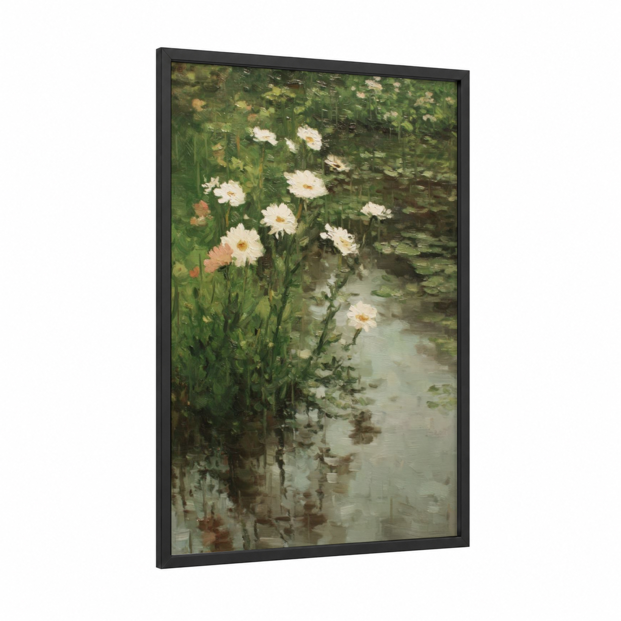 Riverside Daisies framed daisy print — black wood frame — white and light green palette
