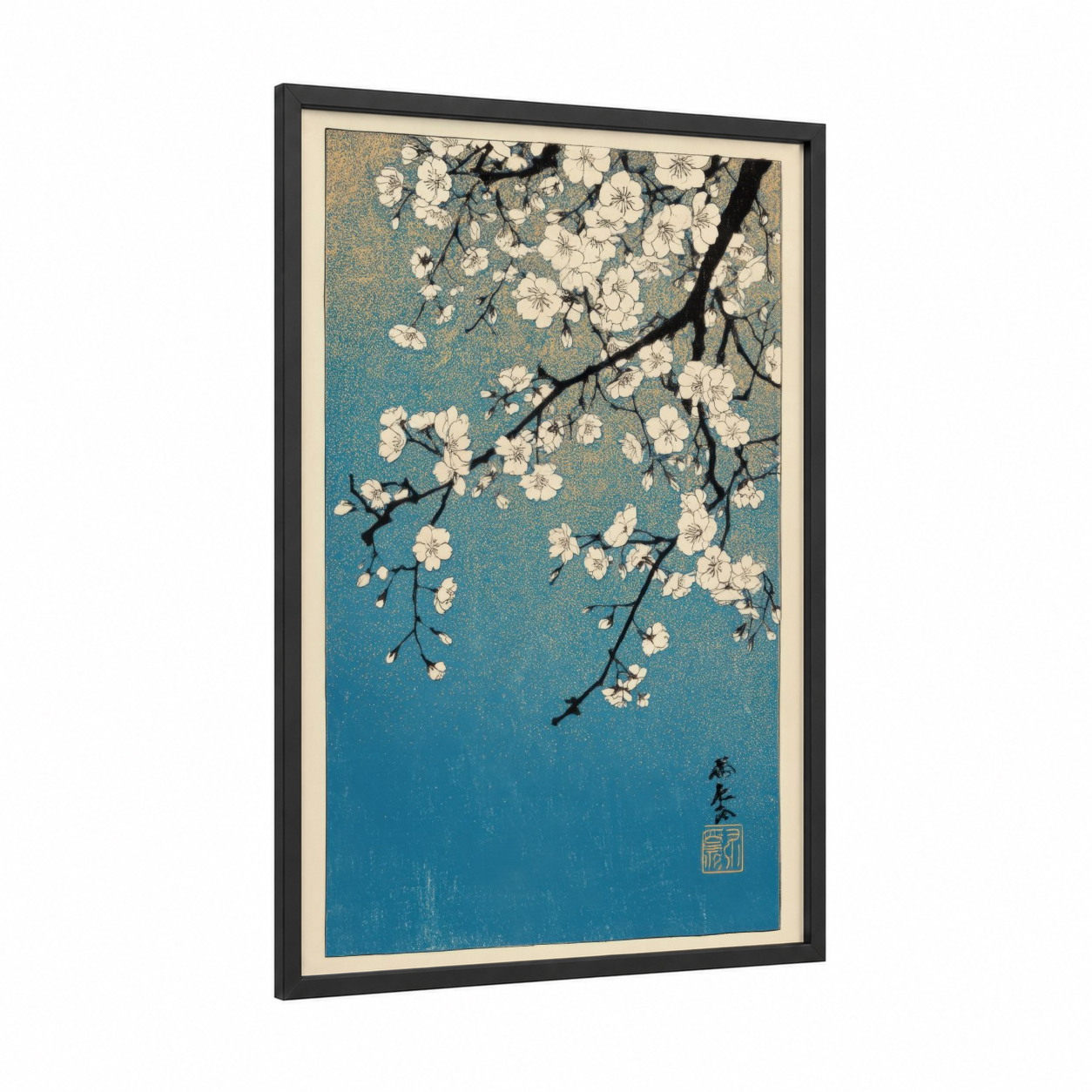 Teal Cherry Blossoms framed art print — black wood frame — teal and white palette