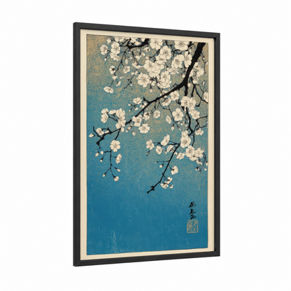 Teal Cherry Blossoms framed art print — black wood frame — teal and white palette