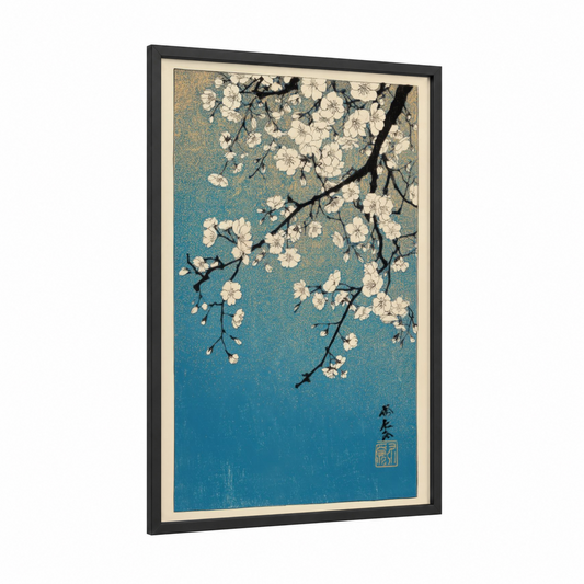 Teal Cherry Blossoms framed art print — black wood frame — teal and white palette
