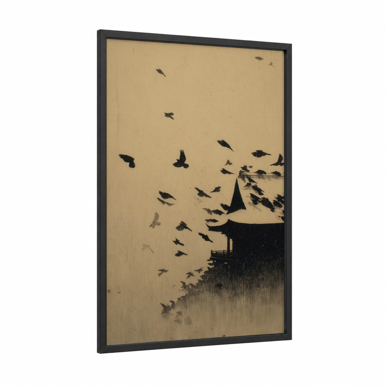Pagoda Birds framed dark fantasy print — black wood frame — black and white and beige palette