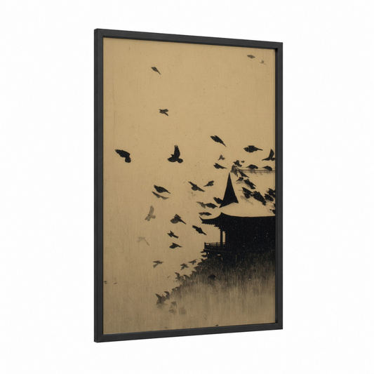 Pagoda Birds framed dark fantasy print — black wood frame — black and white and beige palette