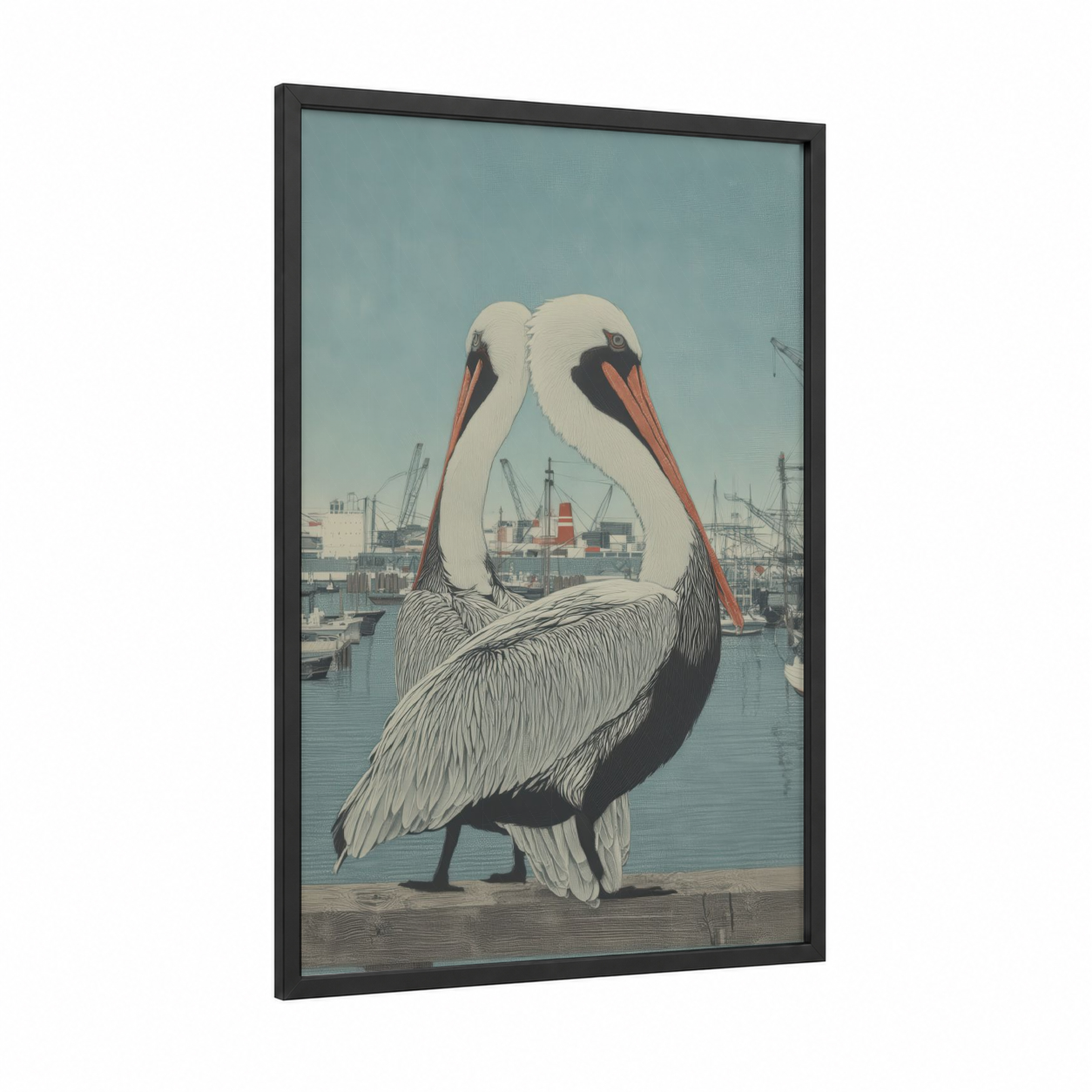 Harbour Pelican framed art print — black wood frame — bermuda gray and white palette