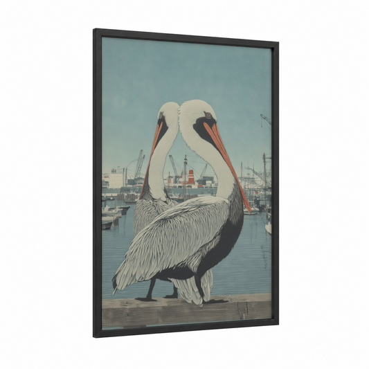Harbour Pelican framed art print — black wood frame — bermuda gray and white palette