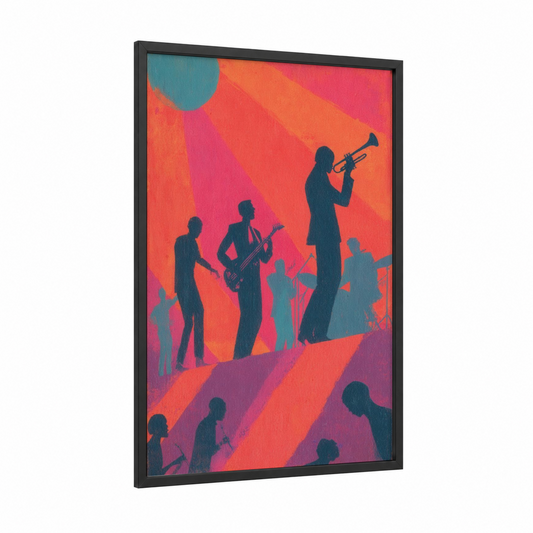 Funk Ensemble Silhouettes framed art print — black wood frame — magenta and orange palette