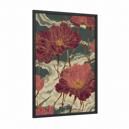 Crimson Magnolia Garden framed art print — black wood frame — maroon and sage green palette