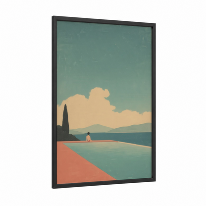 Lakeside Swimmer framed swimming print — black wood frame — teal and peach palette