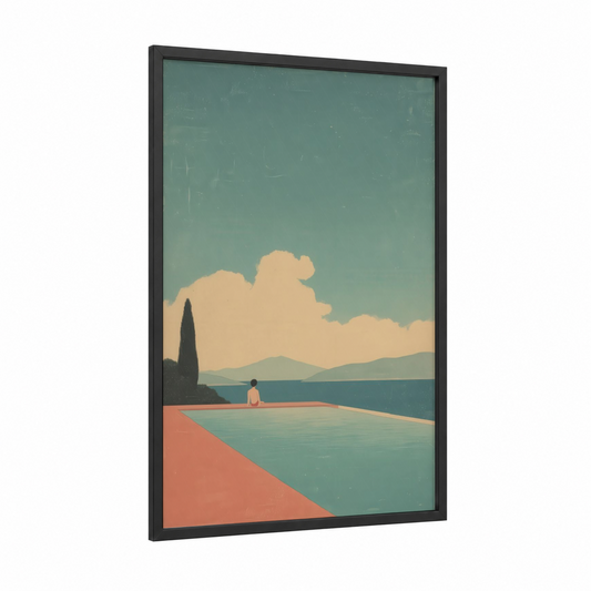 Lakeside Swimmer framed swimming print — black wood frame — teal and peach palette