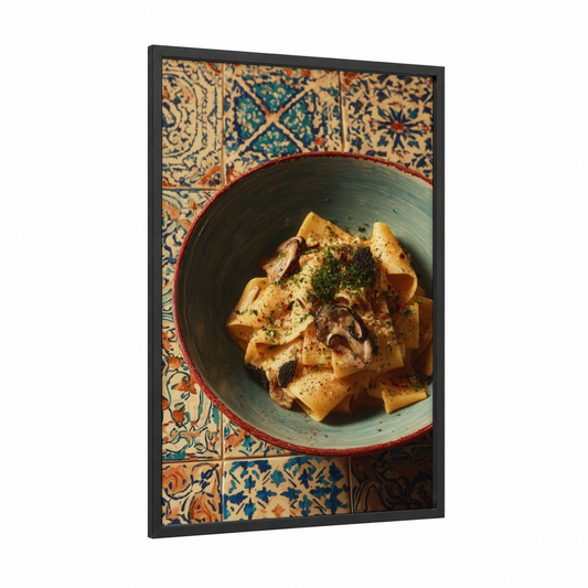 Truffle Pasta Bowl framed art print — black wood frame — gold and teal palette
