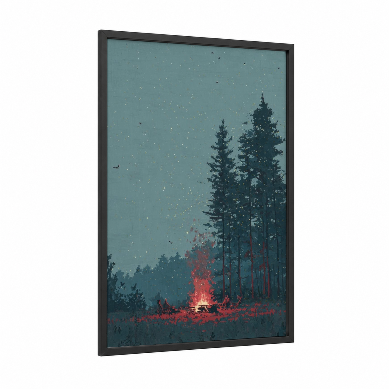 Fireflies Campfire framed art print — black wood frame — teal and gold palette