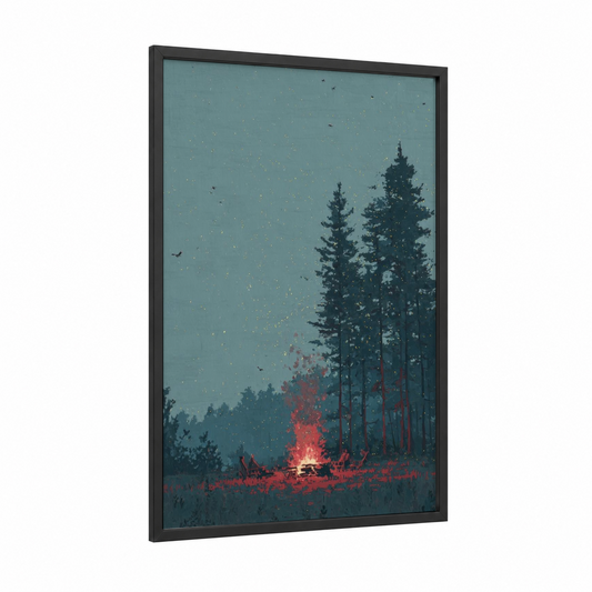 Fireflies Campfire framed art print — black wood frame — teal and gold palette