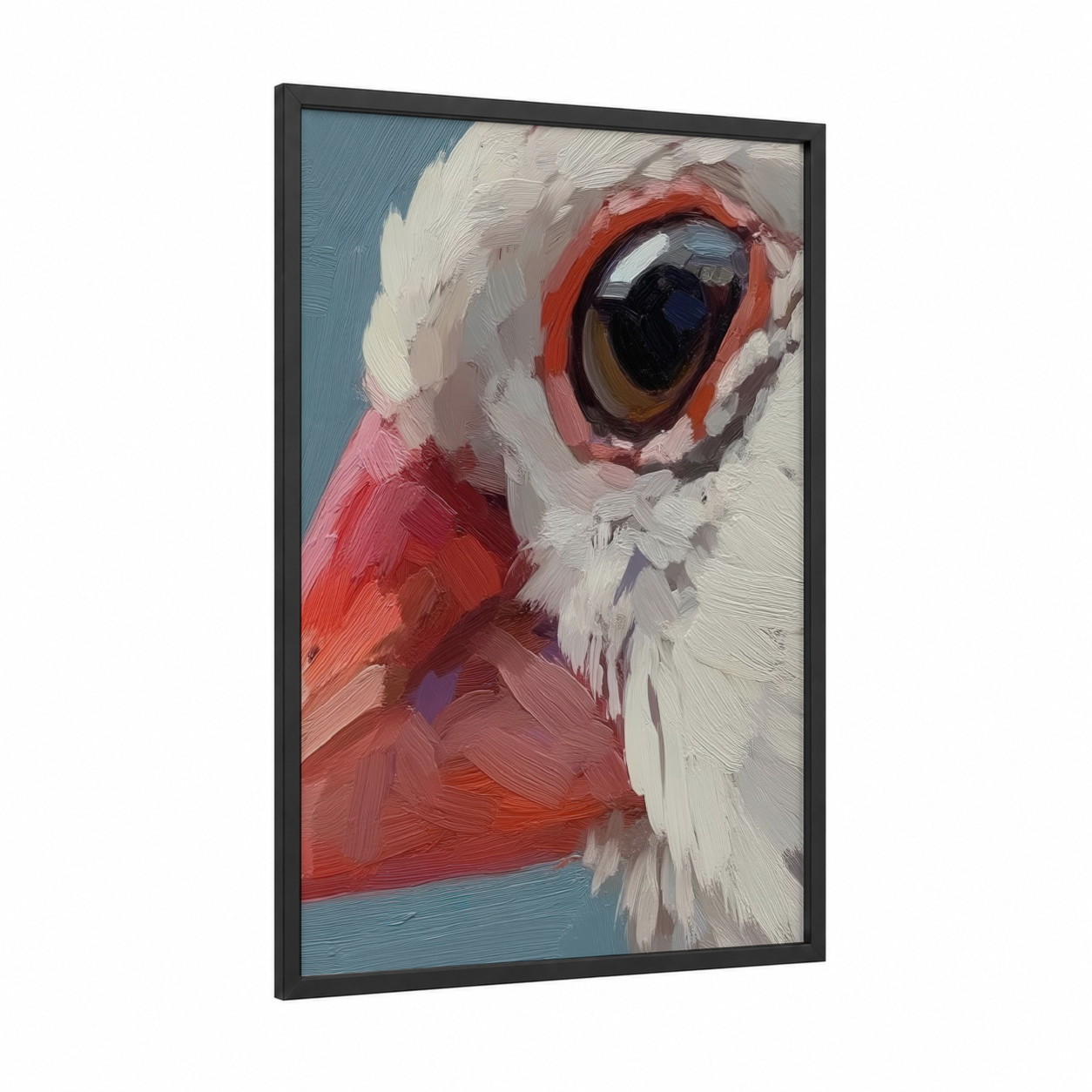 Cardinal Finch Portrait framed art print — black wood frame — red and white palette
