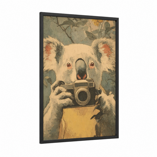 Photographer Koala framed art print — black wood frame — cream and olive palette