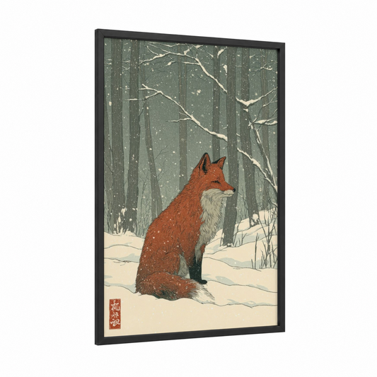 Snowy Fox framed art print — black wood frame — gray and white palette