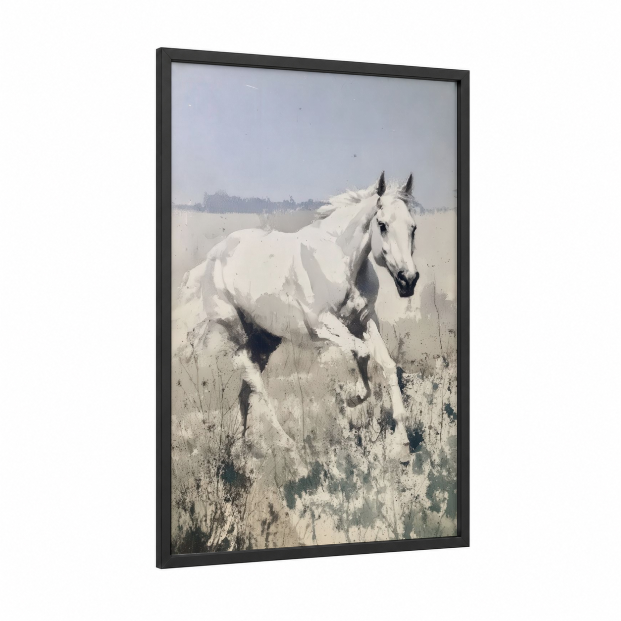 Misty Thoroughbred framed thoroughbred horse print — black wood frame — white and gray palette