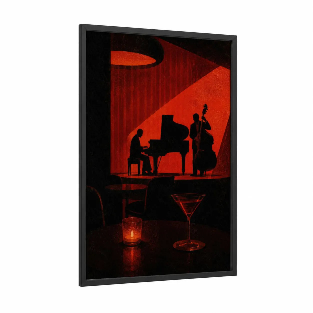 Jazz Piano Performance Bar Wall Art framed art print — black wood frame — red and black palette