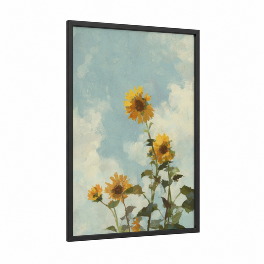 Sunflowers Sky framed sunflower field print — black wood frame — blue and yellow gold palette