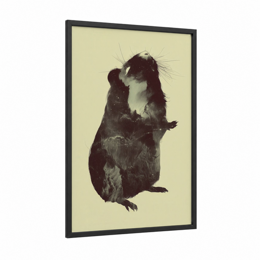 Curious Guinea Pig framed art print — black wood frame — cream and black and white palette