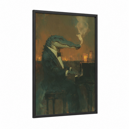 Dapper Alligator framed art print — black wood frame — gold and teal palette