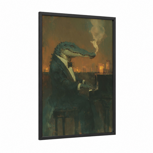Dapper Alligator framed art print — black wood frame — gold and teal palette