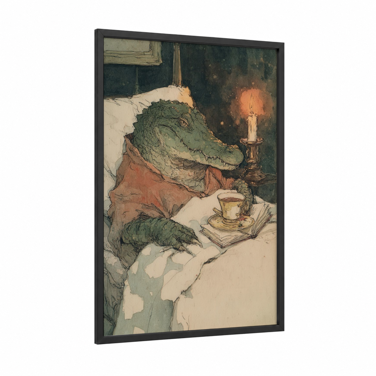 Bedside Alligator framed art print — black wood frame — green and russet palette