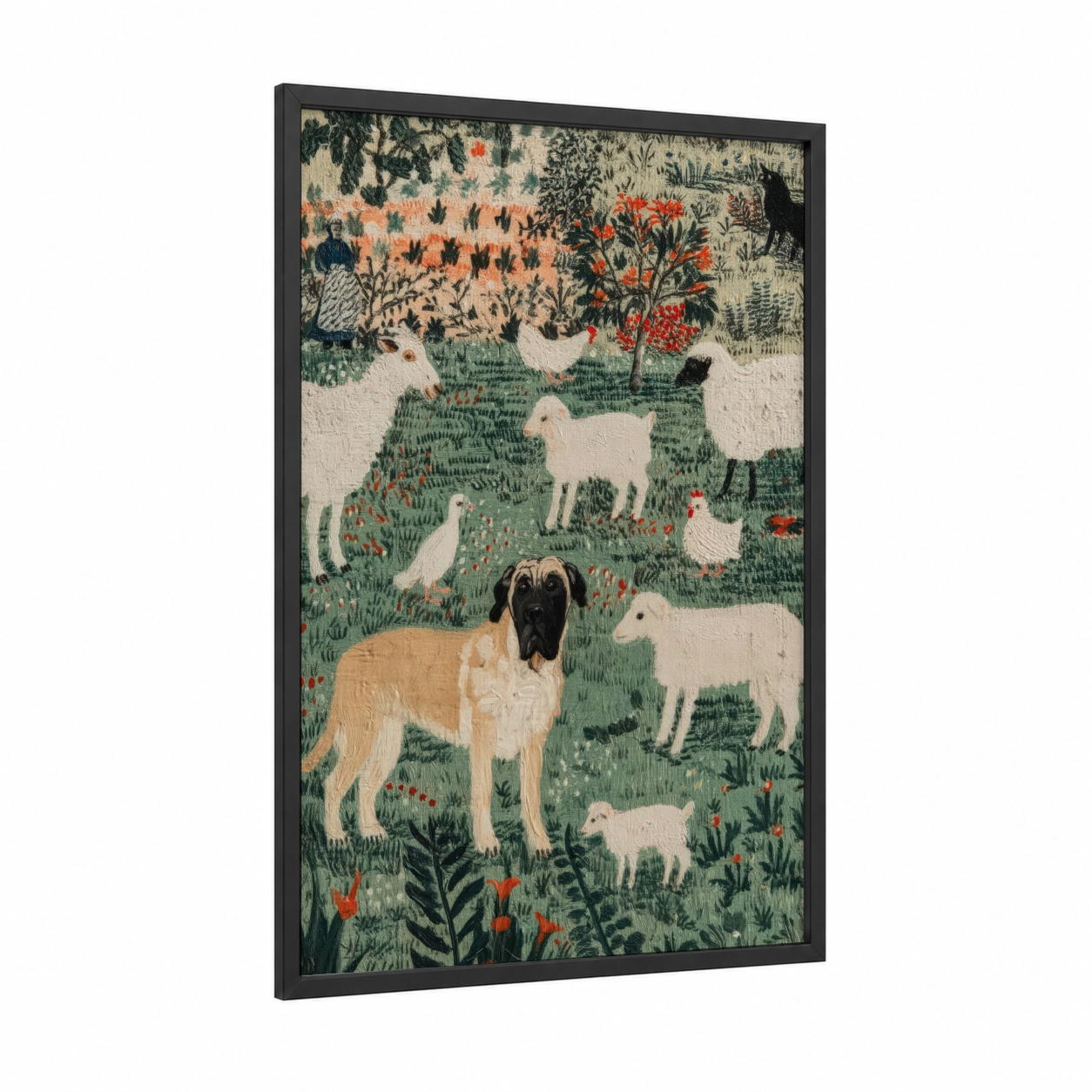 Pastoral Mastiff framed art print — black wood frame — green and russet palette