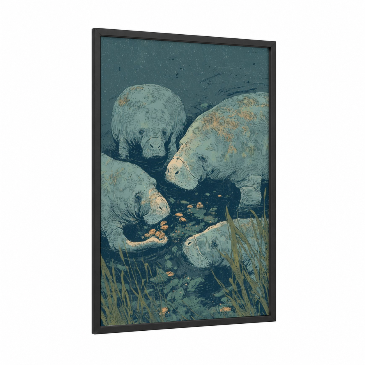 Manatee Family Gathering framed manatees print — black wood frame — blue and white and sage green palette