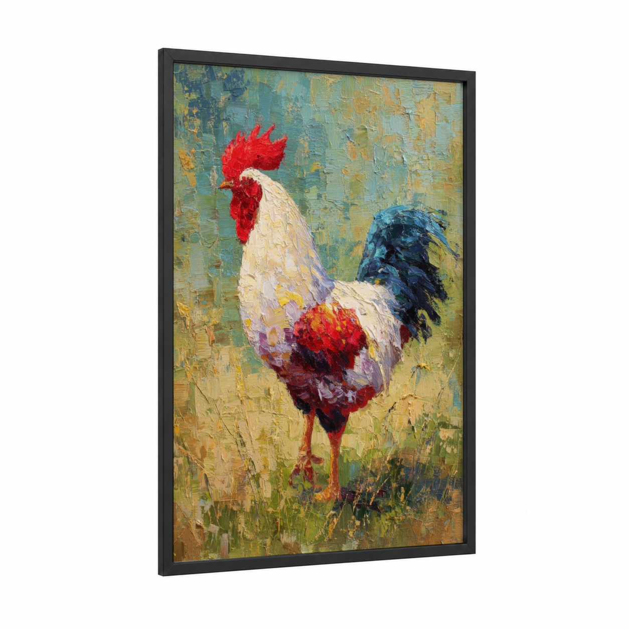 Rustic Rooster framed chicken and roosters print — black wood frame — gold and blue palette