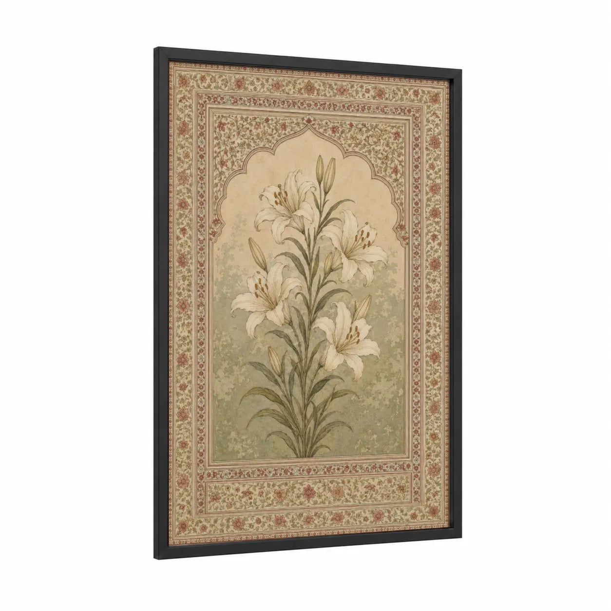 Traditional Persian Lily Wall Art framed art print — black wood frame — beige and cream palette