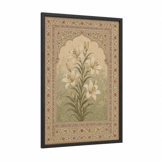 Traditional Persian Lily Wall Art framed art print — black wood frame — beige and cream palette