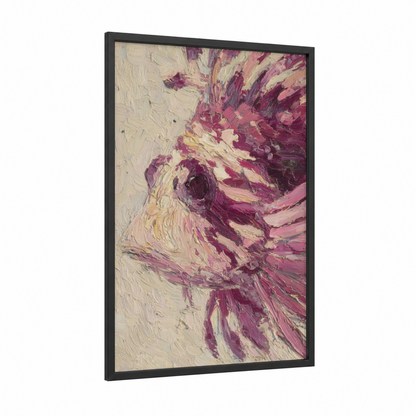 Crimson Lionfish framed art print — black wood frame — maroon and cream palette