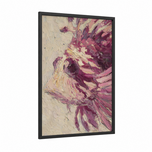 Crimson Lionfish framed art print — black wood frame — maroon and cream palette