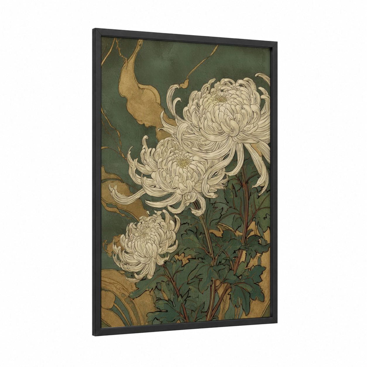 Cream Chrysanthemum framed art print — black wood frame — sage green and cream palette