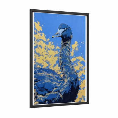 Azure Swan Portrait framed art print — black wood frame — blue and gold palette