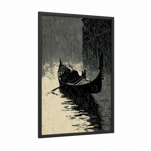Rainy Gondola framed art print — black wood frame — black and white palette