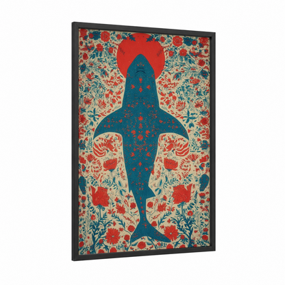 Floral Basking Shark framed art print — black wood frame — blue and red palette