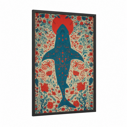 Floral Basking Shark framed art print — black wood frame — blue and red palette