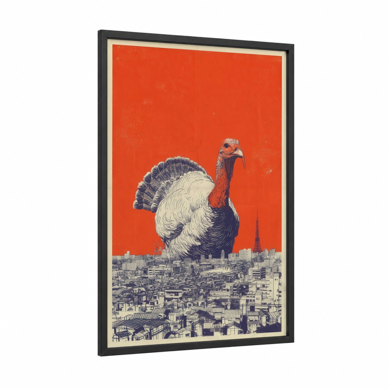Giant Turkey Cityscape framed art print — black wood frame — red and black and white palette