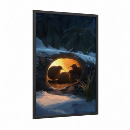 Cozy Kiwi Nest framed art print — black wood frame — blue and gold palette