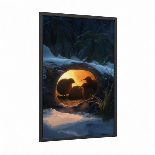 Cozy Kiwi Nest framed art print — black wood frame — blue and gold palette