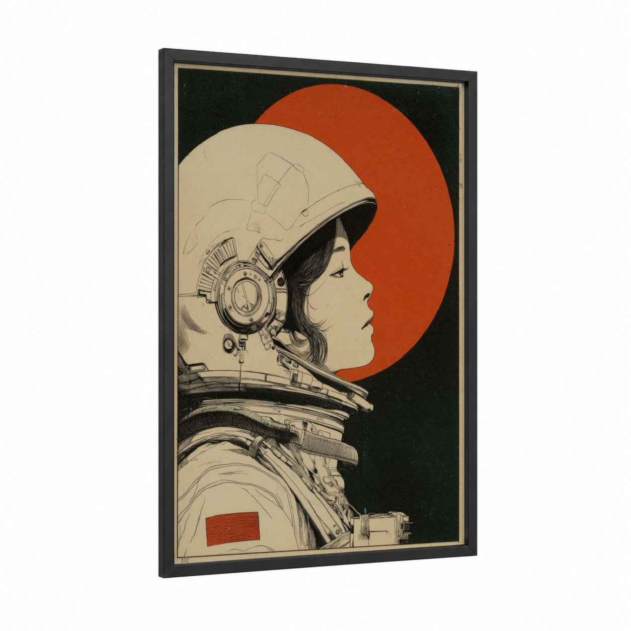 Cosmic Astronaut framed japanese retrofuturism print — black wood frame — black and white and red palette