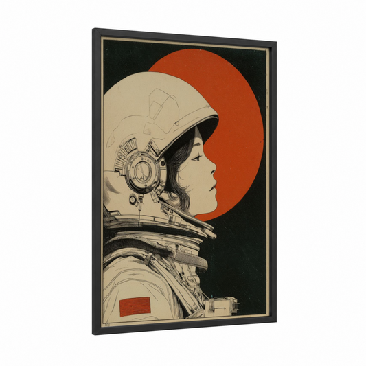 Cosmic Astronaut framed japanese retrofuturism print — black wood frame — black and white and red palette