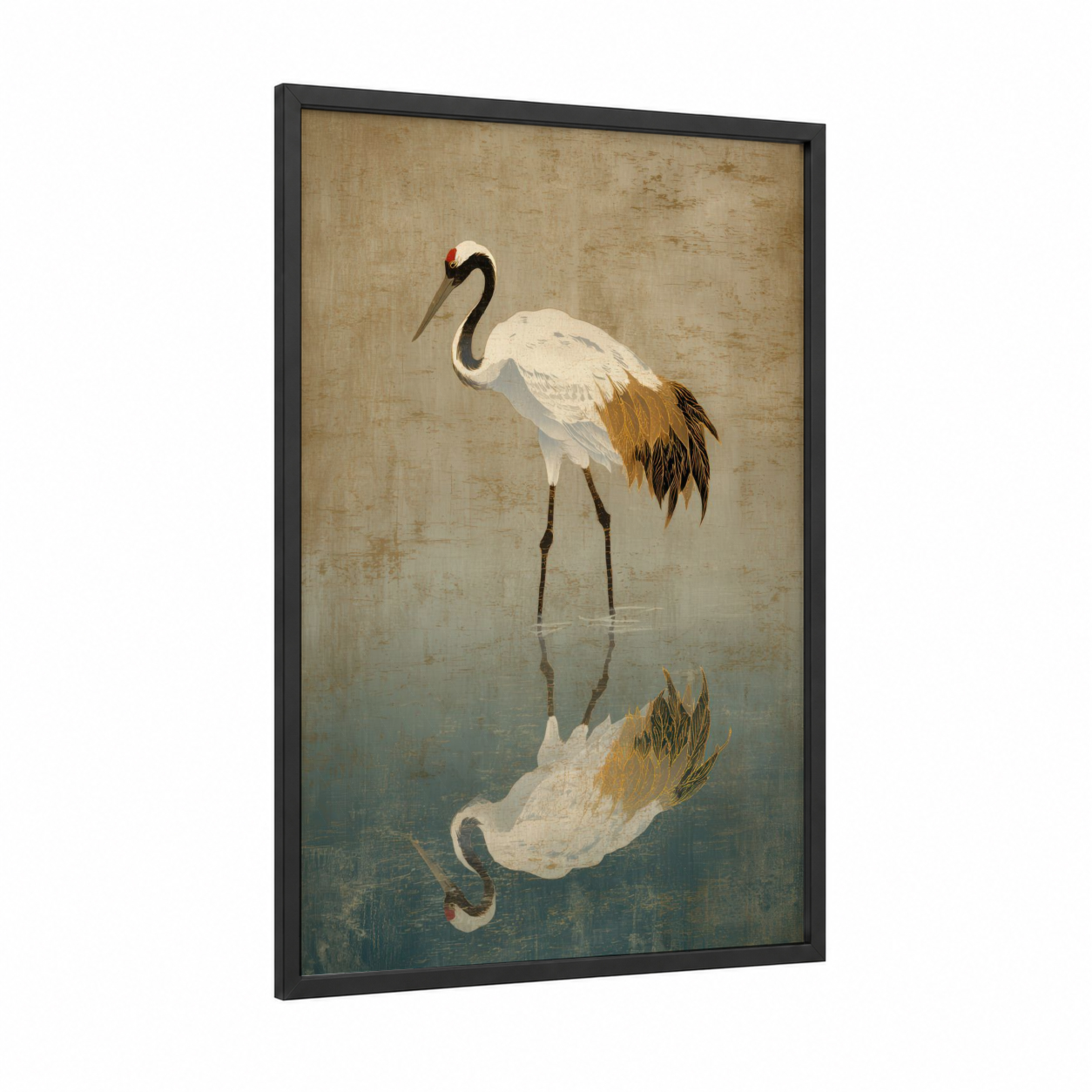 Reflection Crane framed art print — black wood frame — beige and teal palette