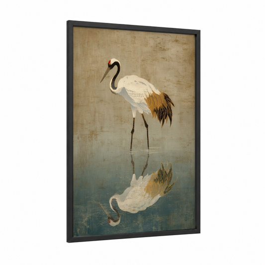 Reflection Crane framed art print — black wood frame — beige and teal palette