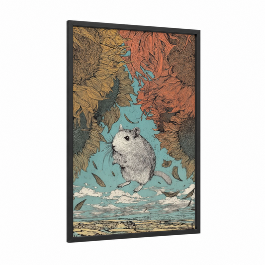 Autumn Ferret framed art print — black wood frame — gold and turquoise palette